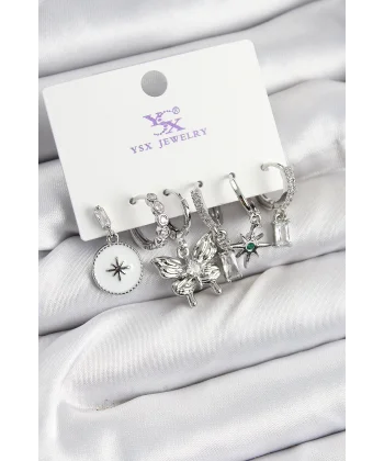 Pirinç Zİrkon Taşlı Kelebek ve Yıldız Model Gümüş Renk 3lü Çift Kadın Küpe