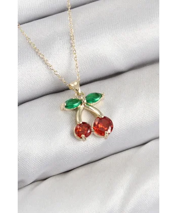 Pirinç Zirkon Taşlı Kiraz Model Gold Renk Kadın Kolye