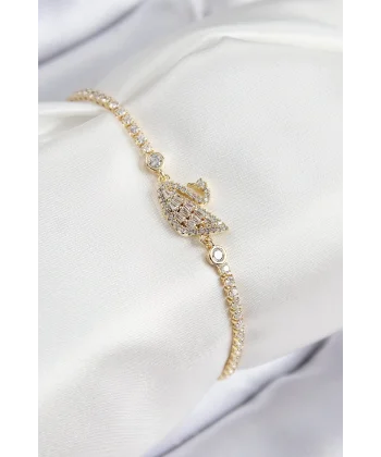 Pirinç Zirkon Taşlı Kuğu Model Gold Renk Kadın Bileklik