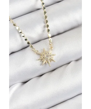 Pirinç Zirkon Taşlı Kutup Yıldızı Model Ezme Zincir Gold Renk Kadın Kolye