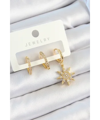 Pirinç Zirkon Taşlı Kutup Yıldızı Model Gold Renk 3lü Çift Kadın Küpe Set