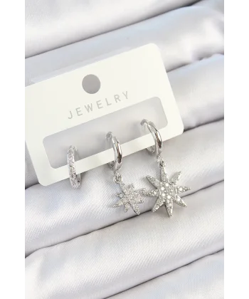 Pirinç Zirkon Taşlı Kutup Yıldızı Model Gümüş Renk 3lü Çift Kadın Küpe Set