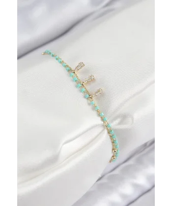 Pirinç Zirkon Taşlı Mavi Boncuklu Model Gold Renk Kadın Bileklik