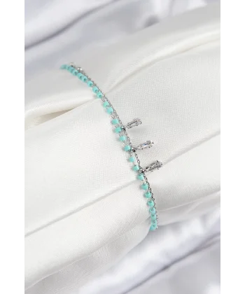 Pirinç Zirkon Taşlı Mavi Boncuklu Model Gümüş Renk Kadın Bileklik