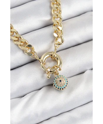 Pirinç Zirkon Taşlı Nazar Boncuk Detaylı Klasik Zincir Model Gold Renk Kadın Kolye