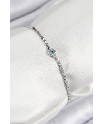 Pirinç Zirkon Taşlı Nazar Model Ezme Zincir Gümüş Renk Kadın Bileklik