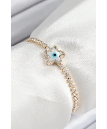 Pirinç Zirkon Taşlı Nazar Yıldız Model Gold Renk Asansörlü Kadın Bileklik