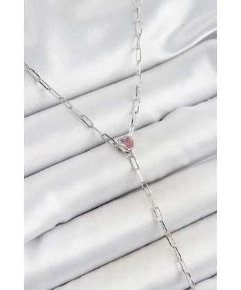 Pirinç Zirkon Taşlı Pembe Kalp Figürlü Y Model Gümüş Renk Kadın Kolye