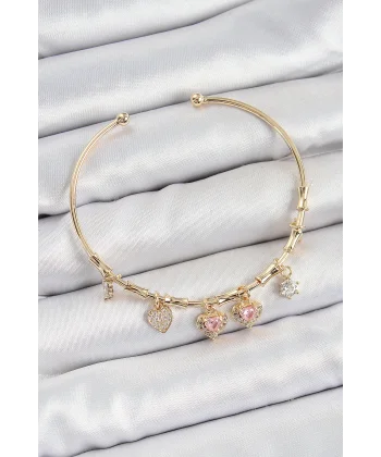 Pirinç Zirkon Taşlı Pembe Kalp Model Gold Renk Charm Bileklik