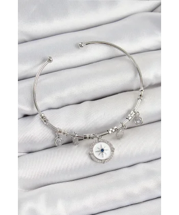 Pirinç Zirkon Taşlı Pusula Model Gümüş Renk Charm Bileklik