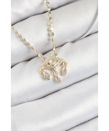 Pirinç Zirkon Taşlı Sallantılı Göz Model Ezme Zincir Gold Renk Kadın Kolye