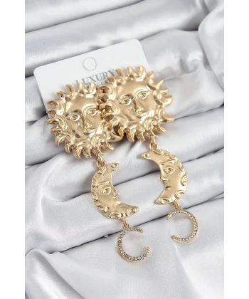 Pirinç Zirkon Taşlı Sallantılı Güneş Model Gold Renk Kadın Küpe