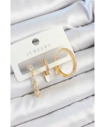 Pirinç Zirkon Taşlı Sallantılı Model Gold Renk 3lü Çift Kadın Küpe Set
