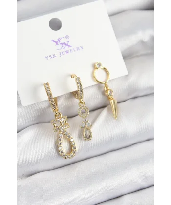 Pirinç Zİrkon Taşlı Sallantılı Model Gold Renk 3lü Kadın Küpe