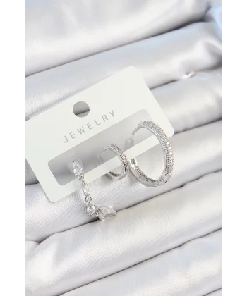 Pirinç Zirkon Taşlı Sallantılı Model Gümüş Renk 3lü Çift Kadın Küpe Set