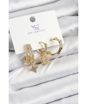 Pirinç Zİrkon Taşlı Sallantılı Yıldız Model Gold Renk 3lü Kadın Küpe