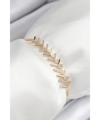 Pirinç Zirkon Taşlı Sıralı Ok Model Gold Renk Asansörlü Kadın Bileklik