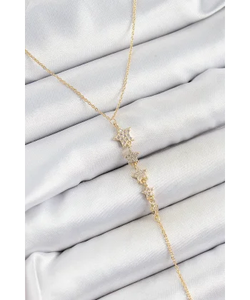 Pirinç Zirkon Taşlı Sıralı Yıldız Figürlü Y Model Gold Renk Kadın Kolye