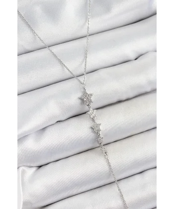 Pirinç Zirkon Taşlı Sıralı Yıldız Figürlü Y Model Gümüş Renk Kadın Kolye