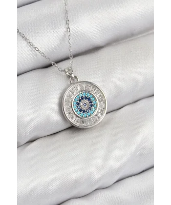 Pirinç Zirkon Taşlı Su Yolu Nazar Model Gümüş Renk Kadın Kolye