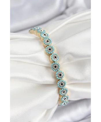 Pirinç Zirkon Taşlı Turkuaz Nazar Model Gold Renk Lastikli Kadın Bileklik