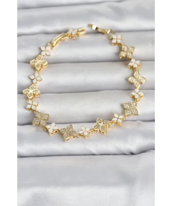Pirinç Zirkon Taşlı ve Mineli Yonca Model Gold Renk Kadın Bileklik