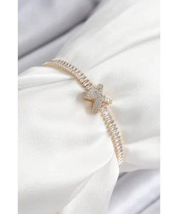 Pirinç Zirkon Taşlı X Detaylı Su Yolu Model Gold Renk Asansörlü Kadın Bileklik