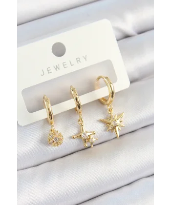 Pirinç Zirkon Taşlı Yıldız Model Gold Renk 3lü Çift Kadın Küpe Set