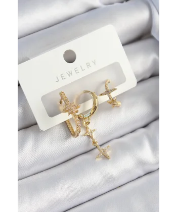 Pirinç Zirkon Taşlı Yıldız Model Gold Renk 3lü Çift Kadın Küpe Set