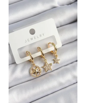 Pirinç Zirkon Taşlı Yıldız Model Gold Renk 3lü Çift Kadın Küpe Set