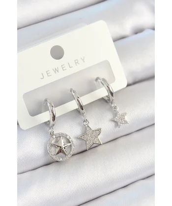 Pirinç Zirkon Taşlı Yıldız Model Gümüş Renk 3lü Çift Kadın Küpe Set