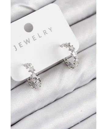 Pirinç Zirkon Taşlı Yıldız Model Gümüş Renk Kadın Küpe