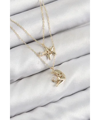 Pirinç Zirkon Taşlı Yıldız Ve Ay Model Gold Renk Kadın Kolye