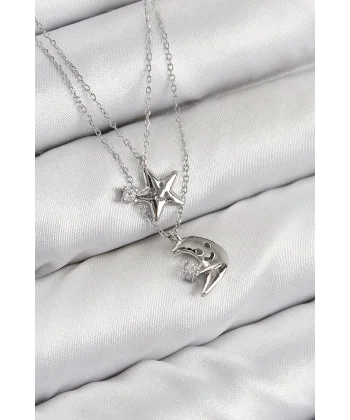 Pirinç Zirkon Taşlı Yıldız Ve Ay Model Gümüş Renk Kadın Kolye