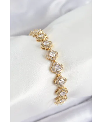 Pirinç Zirkon Taşlı Yonca Baget Model Gold Renk VIP Seri Kadın Bileklik