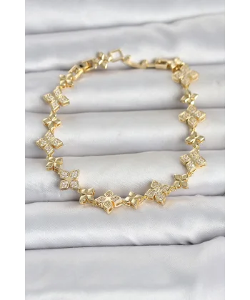 Pirinç Zirkon Taşlı Yonca Model Gold Renk Kadın Bileklik