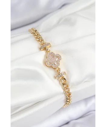 Pirinç Zirkon Taşlı Yonca Model Gold Renk Kadın Bileklik