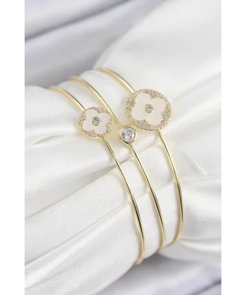 Pirinç Zirkon Taşlı Yonca Model Gold Renk Vip 3lü Kadın Bileklik