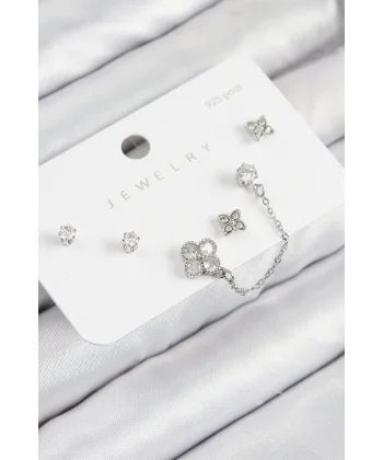 Pirinç Zirkon Taşlı Yonca Model Gümüş Renk 925 Ayar Gümüş Çivi Kadın Küpe Set