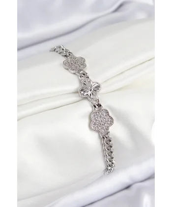 Pirinç Zirkon Taşlı Yonca Model Gümüş Renk Kadın Bileklik