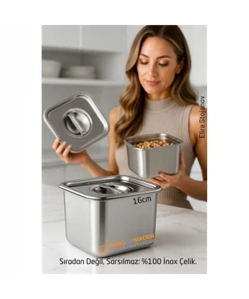Premium Inox Saklama Kabı - Hava Sızdırmaz Mutfak Düzenleyici 16x12 cm 304 Paslanmaz Çelik