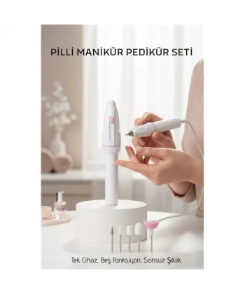 Profesyonel 5 Başlıklı Pilli Manikür Pedikür Seti - Güçlü Motorlu Tırnak Törpü ve Parlatıcı Bakım Kiti