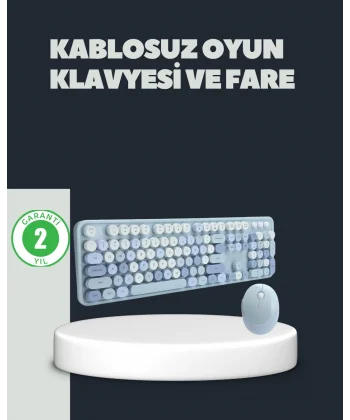 Retro Daktilo Stilli Kablosuz Klavye Mouse Seti – Sessiz ve Şık