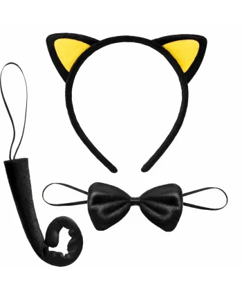 Sarı Kulaklı Kedi Kostüm Seti – Taç Papyon Kuyruk 3 Parça