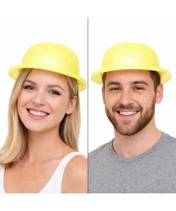 Sarı Simli Melon Şapka | İnce Plastik Glitter Yetişkin Parti Şapkası