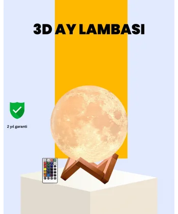 Şarjlı 3D Baskılı 16 Renk Ay Lambası Ahşap Stand ve Uzaktan Kumanda