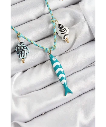 Seramik Motifli Balık Figürlü Model Mavi İp Kadın Kolye