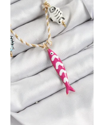 Seramik Motifli Pembe Balık Figürlü Model Krem İp Kadın Kolye