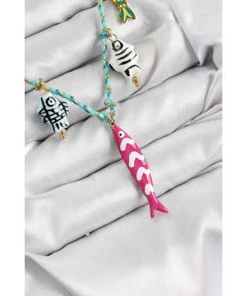 Seramik Motifli Pembe Balık Figürlü Model Mavi İp Kadın Kolye