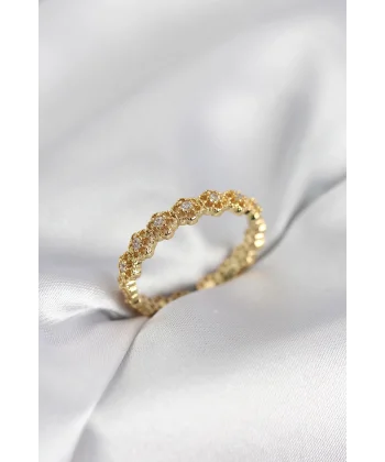 Sıralı Çiçek Model Gold Renk Zirkon Taşlı Kadın Yüzük